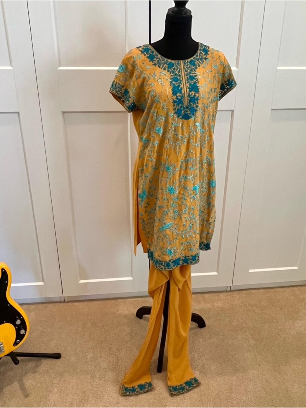 Polo Apparel Saffron Yellow Kurta & Pants Set With Teal Embroidery and Beading